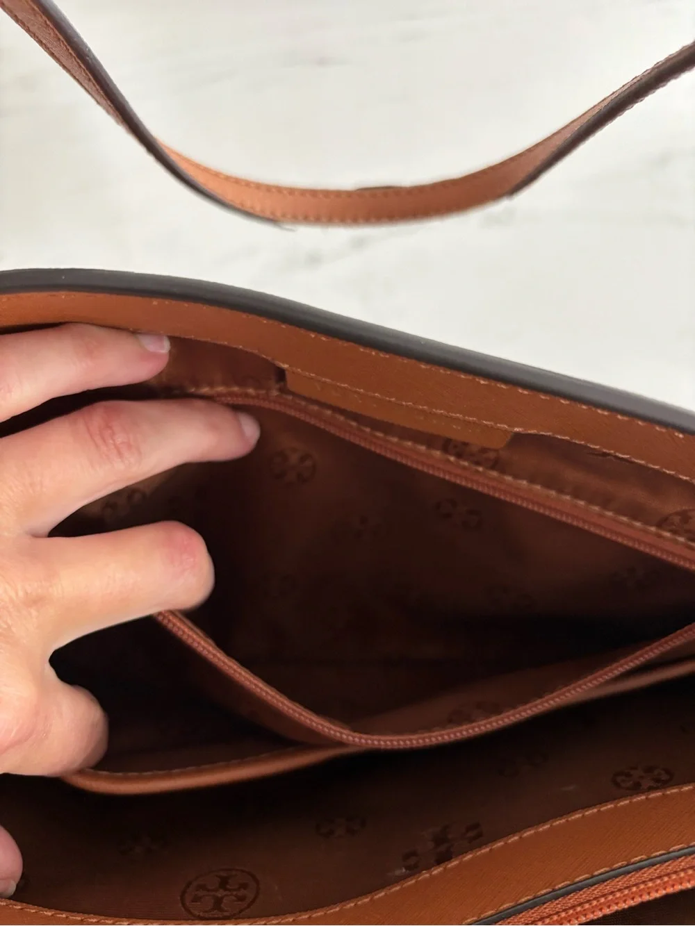Tory Burch Saffiano Leather Tote in Cognac with Gold Logo